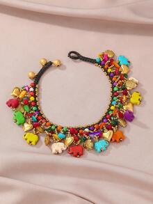 1 tornozeleira estilo boêmio em corda encerada turquesa com pingentes de elefante e estrela-do-mar, ideal para uso diário e em festivais, especialmente para férias de verão. - Colorido - Ver 9