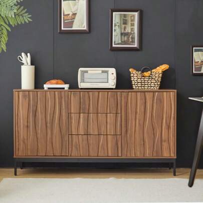 Sideboard 150cm Eiche Dunkel Gemasert, 3 Schubladen, Großes Sideboard, Küchenschrank, Einteilige Aussparung, Mid Century Modern Decorator Schrank Für Küche, Wohnzimmer, Eingangsbereich, Flur