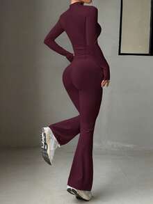 Conjunto de 2 piezas para mujer Aoqta, top con cremallera de manga larga de unicolor y pantalones ajustados de cintura alta, adecuado para actividades al aire libre, correr y yoga - Burdeos - Ver 2