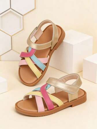 Kids' Festive Sandals: Soft Sole Multi-Color Crisscross Strap Sandals With Metallic Ankle Strap For Summer Holidays & Daily Wear
