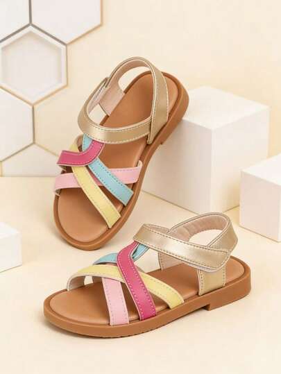 Kids' Festive Sandals: Soft Sole Multi-Color Crisscross Strap Sandals With Metallic Ankle Strap For Summer Holidays & Daily Wear