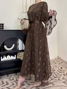 Women's Brown Lace & Satin Two Pieces Muslim Abaya Long Dress With Embellished Details, Modest Kaftan - Brown - View 2