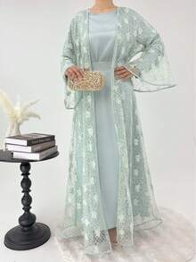 Hafizah 女士棕色蕾丝缎面两件套穆斯林长袍，细节精致 - 淺綠色 - 查看 4