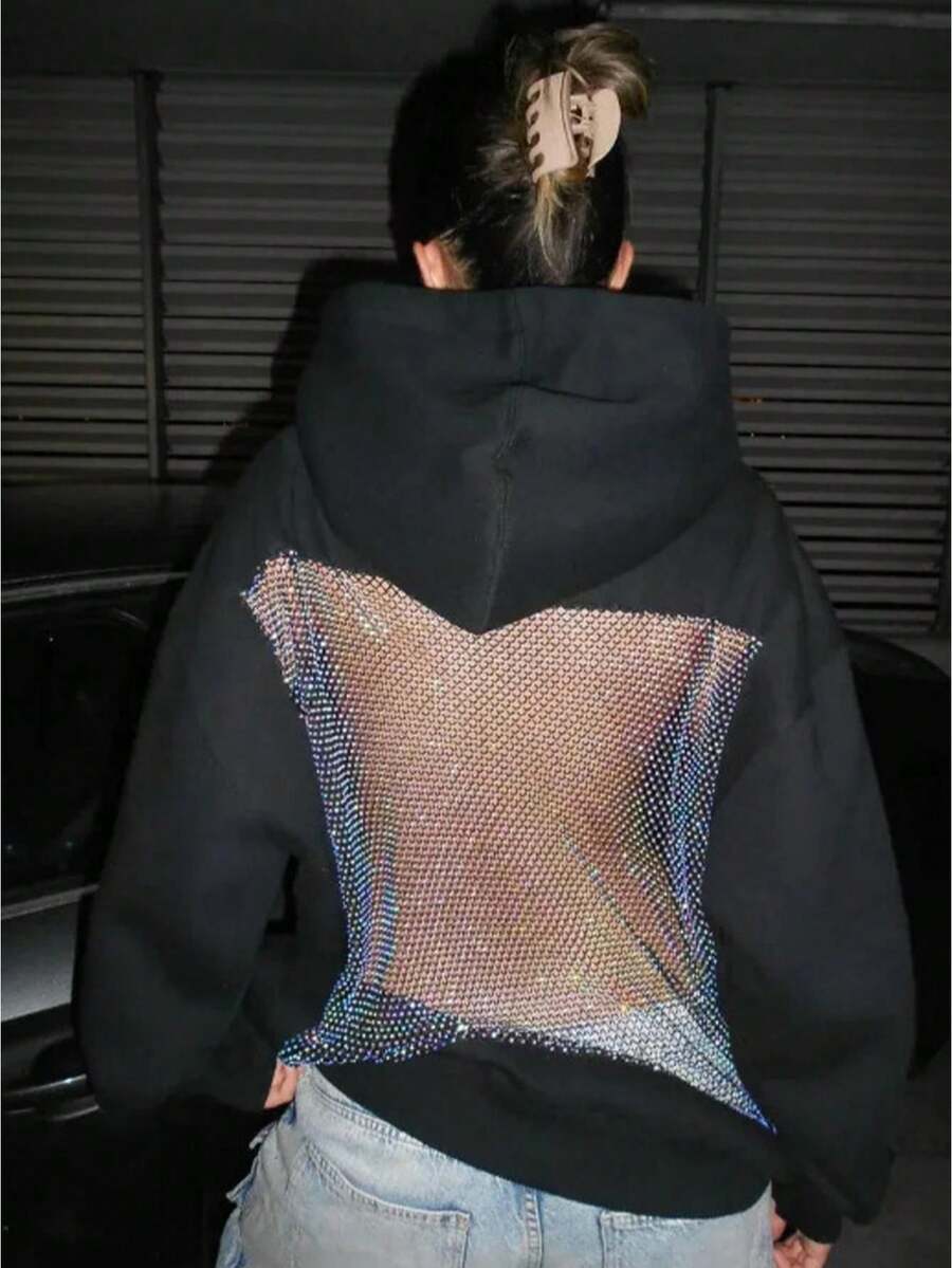 Women's Backless Hollow Mesh Hoodie Y2K Sequin Top Spring And Autumn Streetwear - 黑色 - 查看 1