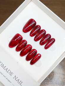 Pure Handmade Wearable Nails With Short Oval Nail Shape, Hand-Painted Red Cat Eye Nails, High-Quality Simple Design Nails, Full Coverage Fake Nails, Y2K Nails, Unique And Niche Creative Fake Nails, Daily Nails, Cute Modern Style Nails, Daily Use, Detachable Wear And Reusable. - Multicolor - View 9