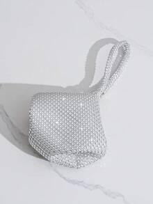 Mini Party Clutch Bag With Rhinestone Decor, Elegant Handbag For Attending Events, Sophisticated Wristlet Purse, Versatile Fashion Small Handbag - Silver - View 9