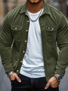 Men's Casual Corduroy Button-Down Shirt, Solid Color, Turn-Down Collar, Slightly Stretchy Fabric, Regular Fit, With Front Pockets, Long-Sleeved Woven Traditional Shirt Suitable For Spring And Autumn. - 軍綠色 - 查看 3