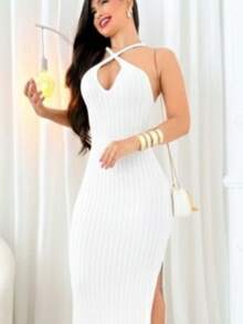 VESTIDO FEMININO LONGO TRICÔ TRICOT MODAL DECOTE GOTA AMARRAÇÃO FENDA LATERAL - Branco - Visão 2