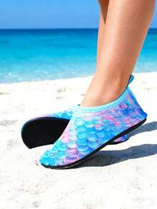 Girls Pastel Blue & Pink Mermaid Scale Water Shoes - Quick Dry Anti-Slip Aqua Socks With Protective Sole For Kids Beach Swimming - Multicolor - View 2