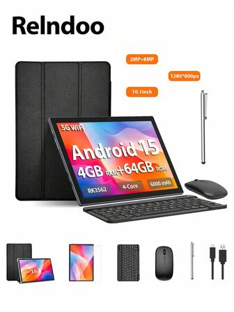 Relndoo Android Tablet With Keyboard, Android 15 RK3562 4-Core 2.0GHZ Processor, 802.11ac WIFI6 2.4G+5G, 1280x800 HD Touch Screen, 2MP+8MP Dual Camera, 6000mAh Long Battery Life, Supports 1TB Expansion, NO Support SIM, Business Tablets, Great As A Gift, Certified Tablet (No Adapter)