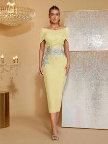 فستان جديد بأكتاف مكشوفة وظهر مكشوف مزين بالراين والزهور، بسحاب، طول الركبة، أنيق للزفاف والحفلات والوصيفات وسهرات رسمية - أصفر - مشاهدة 2