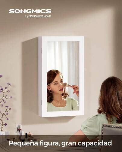 SONGMICS Armario Joyero de Pared, Armario de Joyas con Espejo, Organizador de Joyas para Ahorrar Espacio, Superficie Blanca y Forro Negro