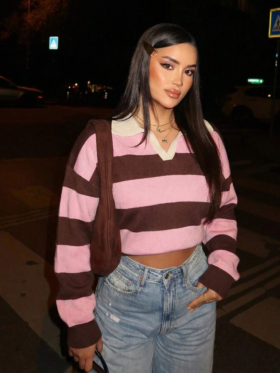 Suéter holgado de cuello alto de manga larga con rayas, estilo callejero, para mujer, primavera/otoño - Púrpura malva - Ver 1