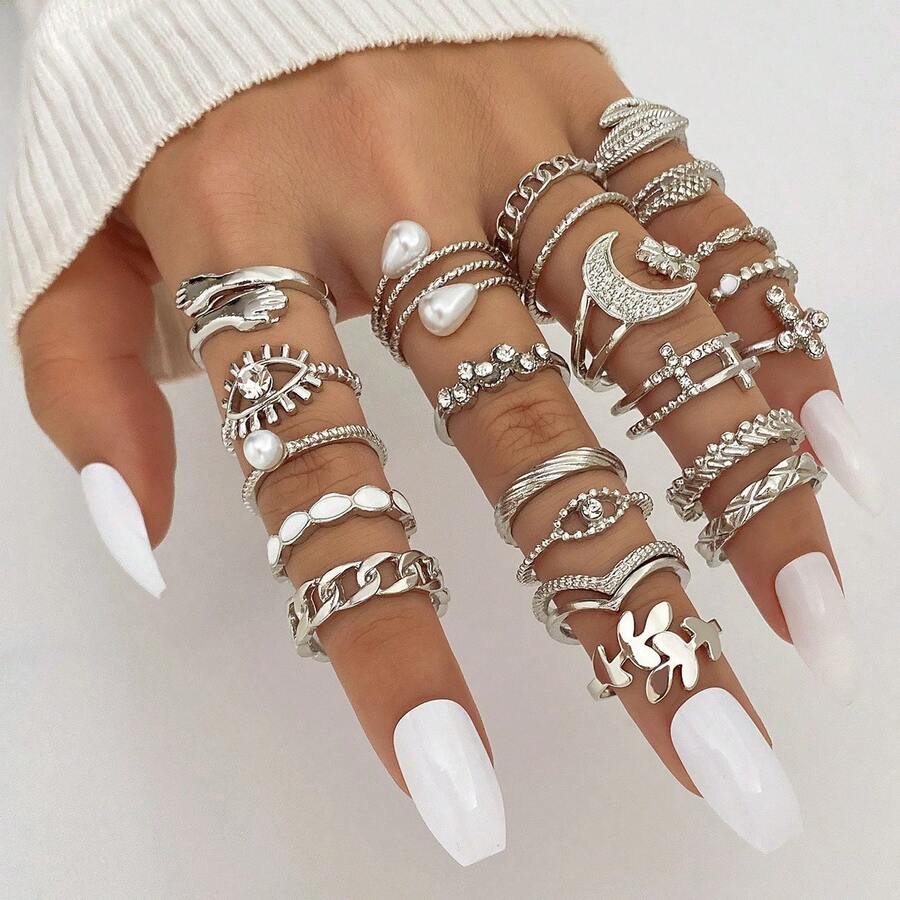 Set Cincin Wanita 23 Buah/Set, Gaya Bohemian Elegan, Tema Cinta, Paduan Logam Bertatahkan Rhinestone, Desain Geometris & Hati, Serbaguna untuk Pemakaian Sehari-hari, Cocok Sebagai Hadiah - Perak - View 1