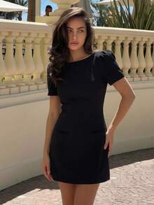 Short Puff Sleeve Evening Dress, Women's High Waist Round Neck A-Line Black Elegant Gown - Black - View 5