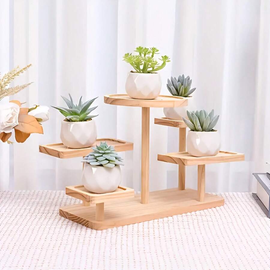 LOVEWE Multi-Tier Wooden Plant Stand (30cm*23cm) - Sturdy/Natural Wood, Small Potted Plants/Succulents, Home/Balcony/Office, Christmas/New Year Gift, Original Wood Color - 原木色 - 查看 1