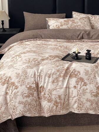 Coffee Vintage Floral Pattern Soft & Comfortable Bedding Set, Includes 1 Duvet Cover, 1 Bed Sheet, 2 Pillow Shams, No Filling, Suitable For Bedroom, Dorm, Home Use, Multiple Sizes Available For Twin, Full, Queen