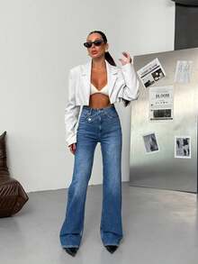 SQUALO Dark Blue Denim Pants With Double Button Detail - Sky Blue - View 6