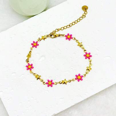 1件钛钢手链，奢华菊花设计，18K镀金，简约不锈钢材质，不褪色，女士珠宝礼品