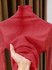 Sexy Sheer Mesh Long Sleeve Lace Trim Blouse, Lightweight Layering Top For Women - Red - View 7