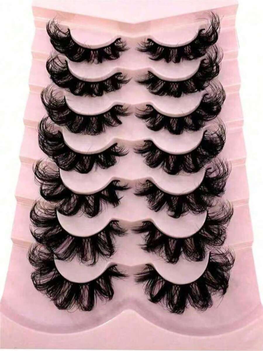 7 Pairs Russian Style Thick Classic Cat Eye Faux Mink Eyelashes, Natural DD Curly & Fluffy False Lashes, Criss-Cross Lengthening & Volumizing Synthetic Mink Lashes, Create Natural Makeup Look - Black - View 1