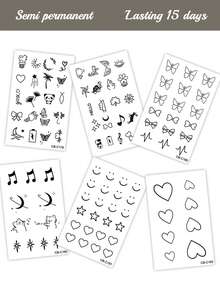 6片/2片装草本汁半永久魔法纹身贴纸，女士专用 - 迷你简约纹身，图案简洁优雅，包括心形、蝴蝶结和小动物。不染色，不反光。可贴于手指、手腕、肩膀、脖子、锁骨及身体其他部位。防水。不反光纹身贴纸。