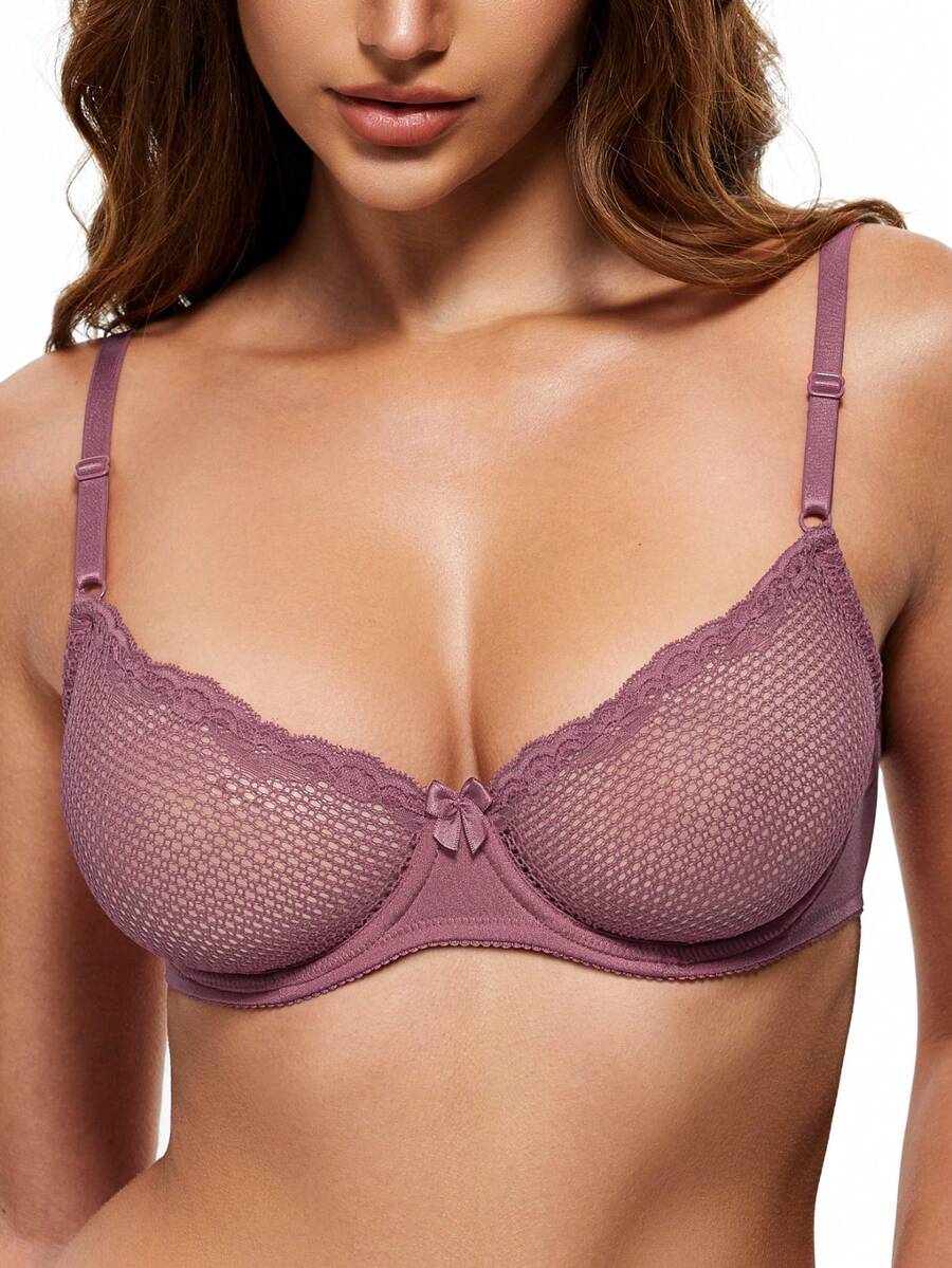 Sexy Lace Underwire Sheer Bra, Half Cup - Rusty Rose - View 1