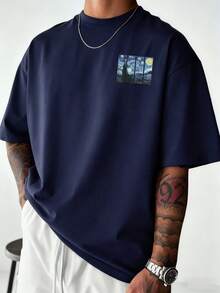 Men's Casual Versatile Minimalist Starry Sky Print Short Sleeve T-Shirt - Navy Blue - View 4