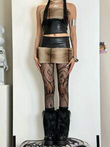 1/2/3双装黑色花卉图案渔网袜，薄款性感镂空蕾丝连裤袜，春秋季 - 黑色 - 查看 8