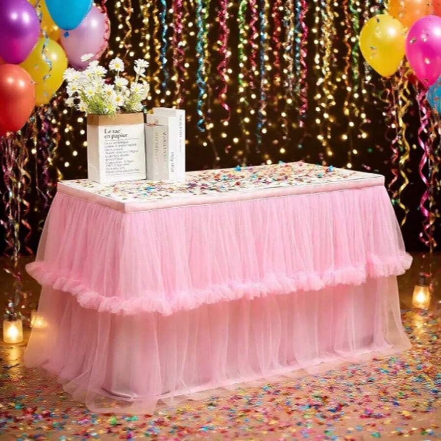 Tulle Table Skirt For Birthday Parties, Halloween, Dessert Tables, And Tulle Pleated Table Skirts - Pink - View 1