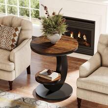 Tribesigns Round End Table, 2 Tiers Side Table With Storage Shelf, Sofa Side Bedside Nightstand With Rustic Wood And Metal Arc-Shaped Frame For Small Spaces, Living Room, Bedroom, Easy To Assemble, Brown And Black - 棕色和黑色 - 查看 3