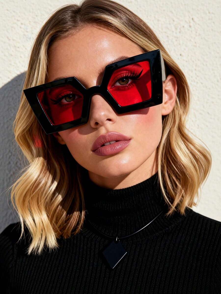1pc Oversized Geometric Frame Fashion Glasses, Red Glasses, Y2K Personalized And Versatile Casual Women's Glasses Suitable For Daily Wear, Street Photography, Travel, Beach Accessories, Beach Accessories, Autumn And Winter Women's Clothing, Business And Leisure Gifts