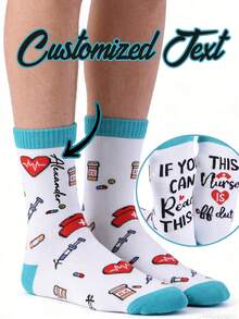 Customized Unisex Nurse's Day Medical ECG Letter Print Mid-Calf Socks, Medical Element Letter Mid-Calf Socks, All-Season Antibacterial Moisture-Wicking Socks, Ideal Gift For Nurses And Doctors, Elastic Fiber Material, Hand Wash Only, Suitable For Men, Women, Boyfriends, Fathers, Girlfriends, Mothers, Family, Friends, Can Be Used In Tea Rooms, Homes, Gardens, Offices, Christmas, Valentine's Day And Other Occasions - Multicolor - View 1