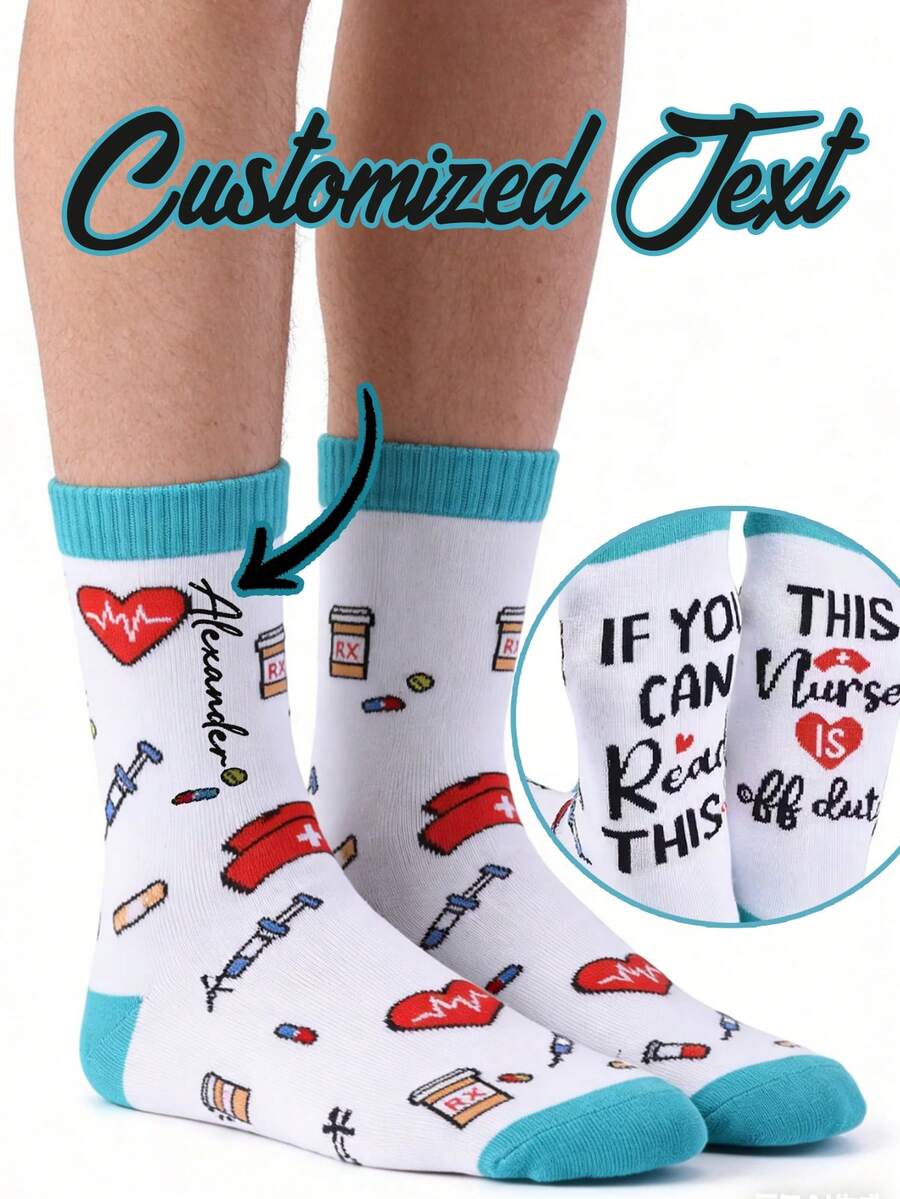 Customized Unisex Nurse's Day Medical ECG Letter Print Mid-Calf Socks, Medical Element Letter Mid-Calf Socks, All-Season Antibacterial Moisture-Wicking Socks, Ideal Gift For Nurses And Doctors, Elastic Fiber Material, Hand Wash Only, Suitable For Men, Women, Boyfriends, Fathers, Girlfriends, Mothers, Family, Friends, Can Be Used In Tea Rooms, Homes, Gardens, Offices, Christmas, Valentine's Day And Other Occasions - Multicolor - View 1