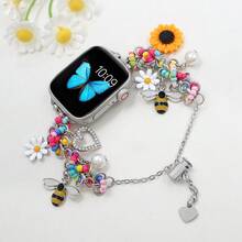 1 pieza Nuevo brazalete de reloj de moda con cuentas de girasol y abeja de colores, compatible con Apple Watch de 40mm, 44mm, 38mm, 41mm, 42mm (S10), 42mm, 45mm (S10), 46mm, 49mm, accesorio lindo de dopamina, compatible con Series 11 Ultra, 3, SE3 Ultra, 2, S10, SE2, 9, 8, 7, SE, 6, 5, 4, 3, 2, excelente para regalos de Acción de Gracias, Halloween, Navidad - Color rosa - Ver 2