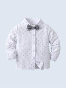 2pcs Young Boys Gentleman Suit Set, Long Sleeve Collared Shirt With Bowknot And Gray Suspender Pants, Fashionable & Dapper For Birthday, Valentine's Day, Party, Wedding - Grey - View 6