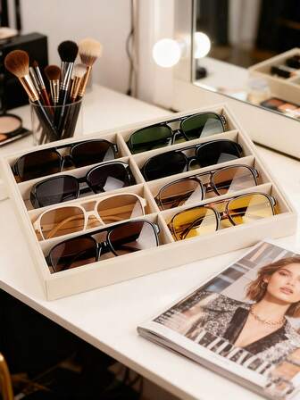 Caja de almacenamiento de gafas de sol, bandeja de terciopelo beige para gafas - Exhibición de gafas, relojes y joyas - Para hombres y mujeres (8 compartimentos), Organizador de terciopelo de 8 compartimentos para gafas de sol y joyas, Tela de poliéster para gafas y accesorios