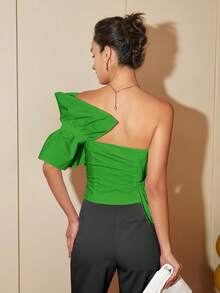 Summer Fashion One-Shoulder Ruffle Trim Blouse, Backless Crop Tops, Business Casual Women Vacation Outfits - Green - View 2