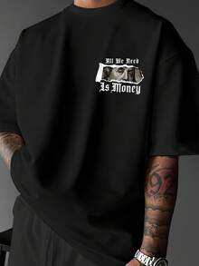 Doppelseitig bedrucktes Franklin "We Just Need Money"-T-Shirt mit Rundhalsausschnitt und kurzen Ärmeln, bequemes und atmungsaktives Material, lässig-sportlicher Stil, - Schwarz - Übersicht 2