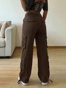 Women's Mid Waist Cargo Jeans With Multi Pockets, Wide Leg Loose Fit Denim Pants With Adjustable Hem - màu nâu - Xem 3