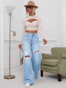 Teenage Wide Leg Washed Distressed Jeans, Fashion For Women - Baby Blue - View 5