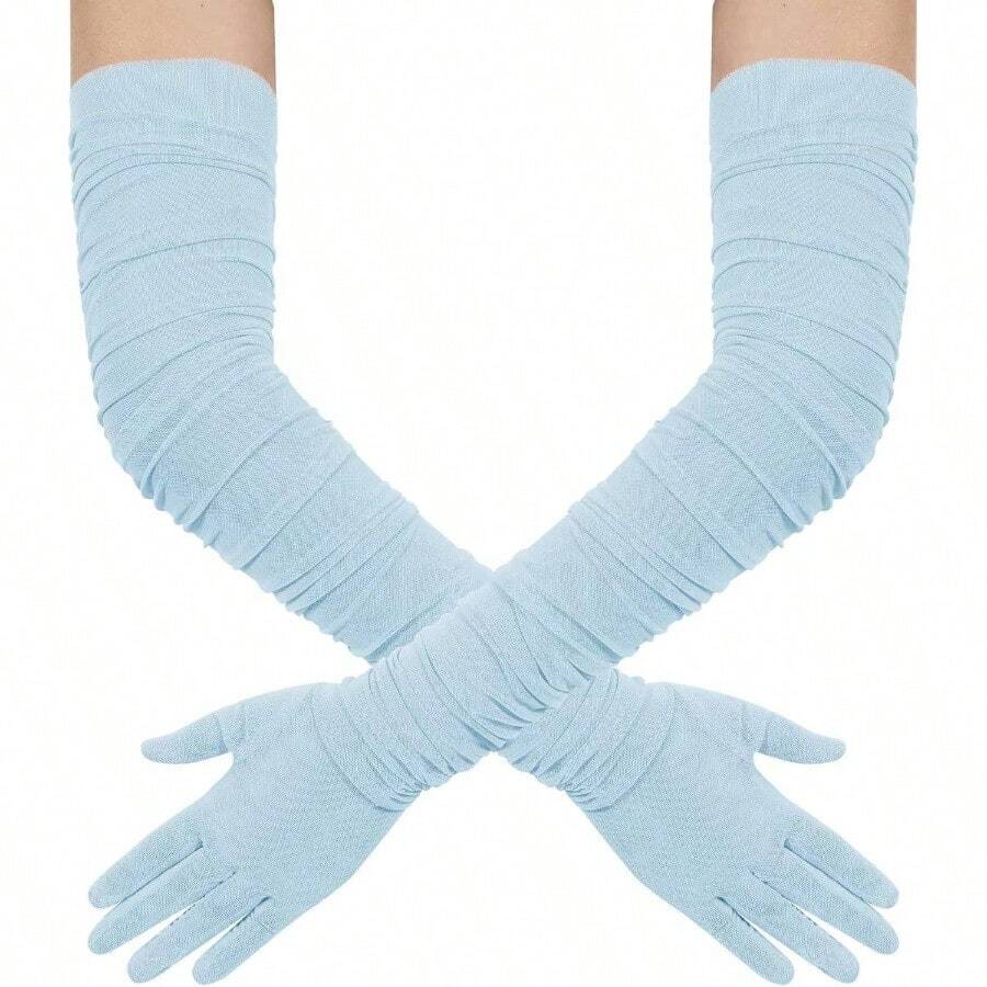 Women's Long Stretchy Ruched Mesh Tulle Sheer Gloves Costume Opera Party 1920's Dance Gloves - 淺藍色 - 查看 1