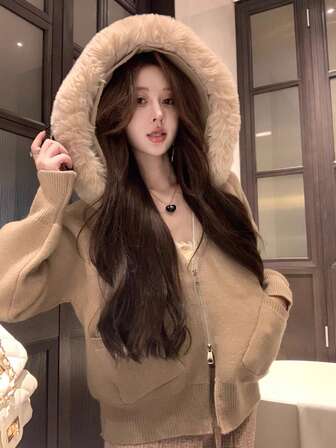 女士拉链针织开衫，带人造毛领，秋冬季休闲宽松连帽衫