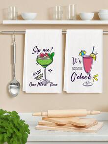 2条装鸡尾酒图案厨房毛巾，日常风格，可用于厨房擦干、擦手、擦茶，适用于厨房家居室内餐具擦干。 - 白色 - 查看 6