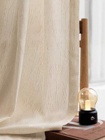 1pc Linen Color Branch & Wood Grain Sheer Curtain, French Vintage Style For Balcony, Living Room, Study, Vacation Rental