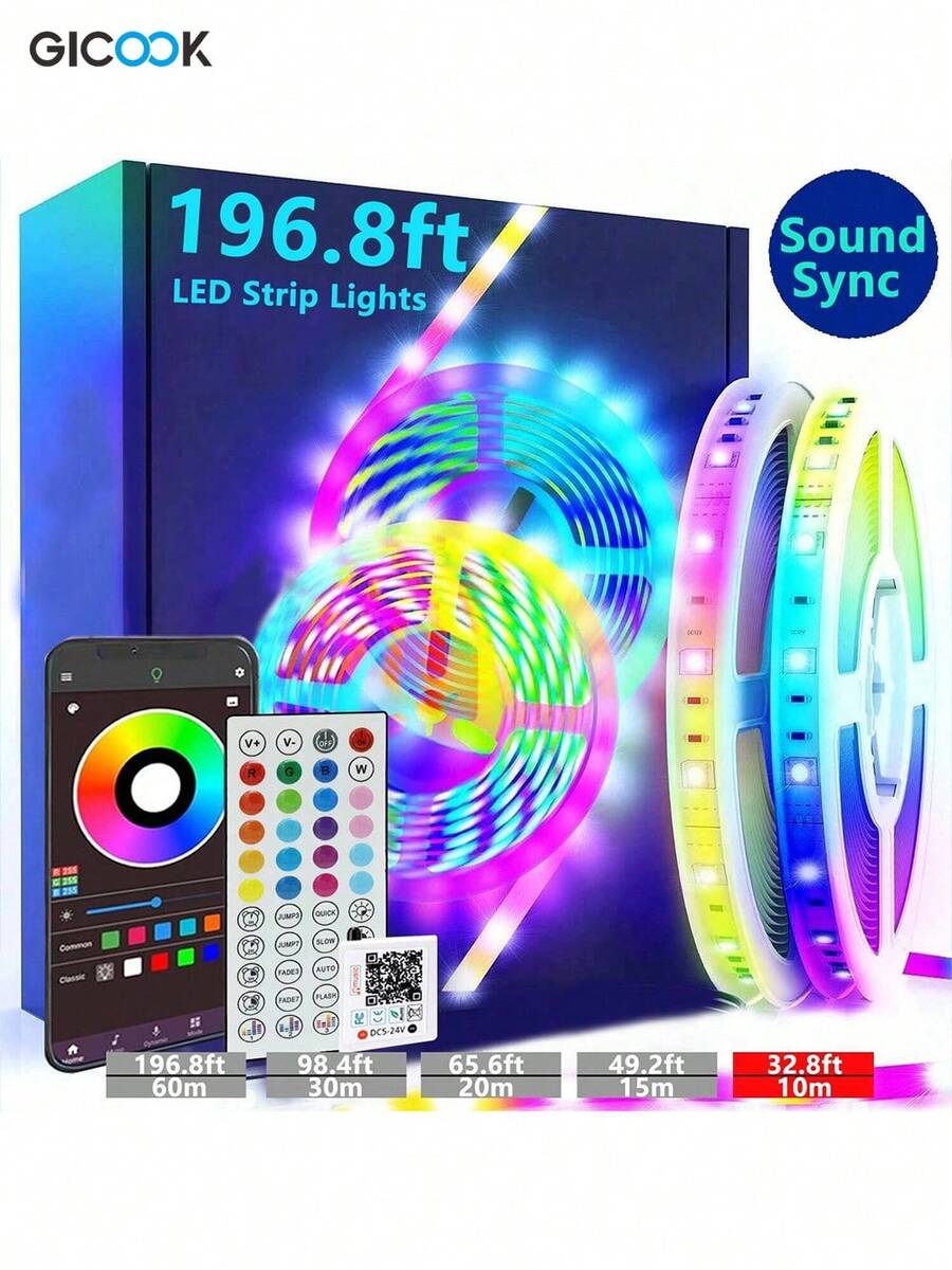 GICOOK 196.8ft  Led Strip Lights Remote Control Music Sync Color-Changing, Smart Remote With App,For Bedroom,Living Room,Strip Lights,Light Strips,Tape Lights,Halloween,RGB Lights,Christmas,Hallween Decor,Home Decor,Party,Birthday,Smart Light