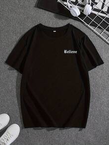 Camiseta de Cuello Redondo para Hombre con Patrón de David y Estampado de Letras - Negro - Ver 2