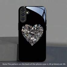 Glossy Heart Print Phone Case, Premium Glass Material, Compatible With S25, S24, S23, S22, S21, S20, And A-Series Models, Compatible With IPhone 17, 16, 15, 14, 13, 12, 11 Pro Max, Perfect As A Christmas Gift For Women. - 黑色 - 查看 2