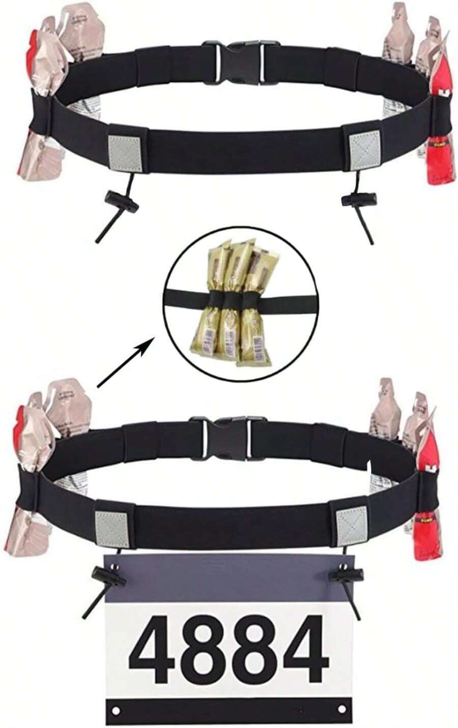 Cinturón de Números de Carrera con 6 Bucles de Gel, 2 Pcs Cinturón de Carreras de Triatlón, Cinturón Elástico para Correr con Tiras Reflectantes, Ajustable, para Triatlón, Maratón (Negro) - negro - Ver 1