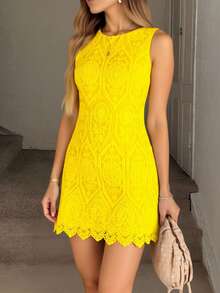 ZALLA Elegant Lace Midi Sheath Dress With Lining For Weddings And New Year's Eve. - Màu vàng - Xem 5